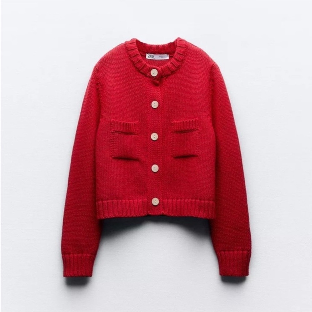 Zara | Red Cropped Button-Front Knit Cardigan